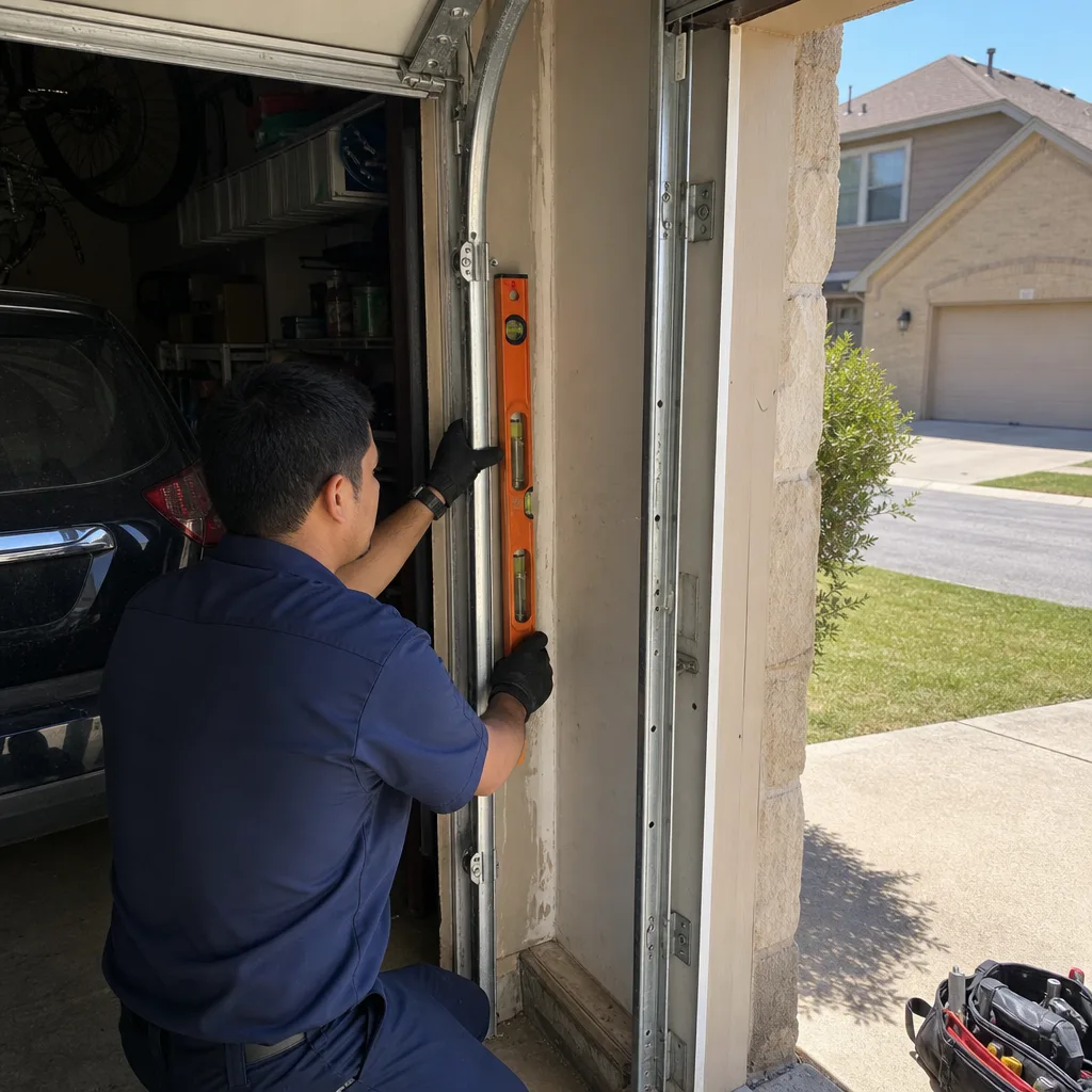 Technician using a level tool for professional garage door track repair