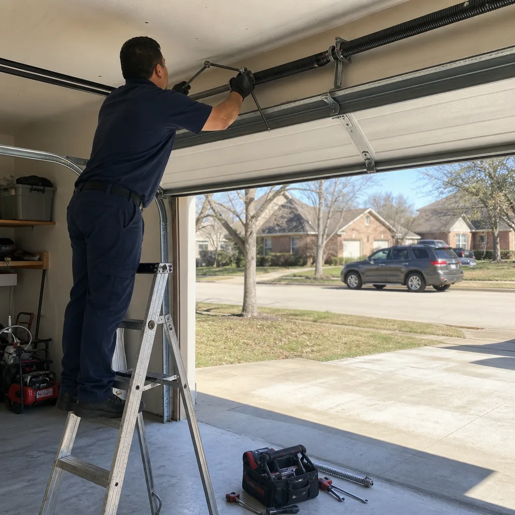 Professional technician performing garage door spring repair on a ladder