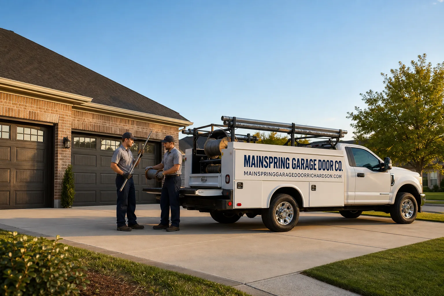 Mainspring Garage Door Co. garage door service vehicle and crew in Richardson, TX